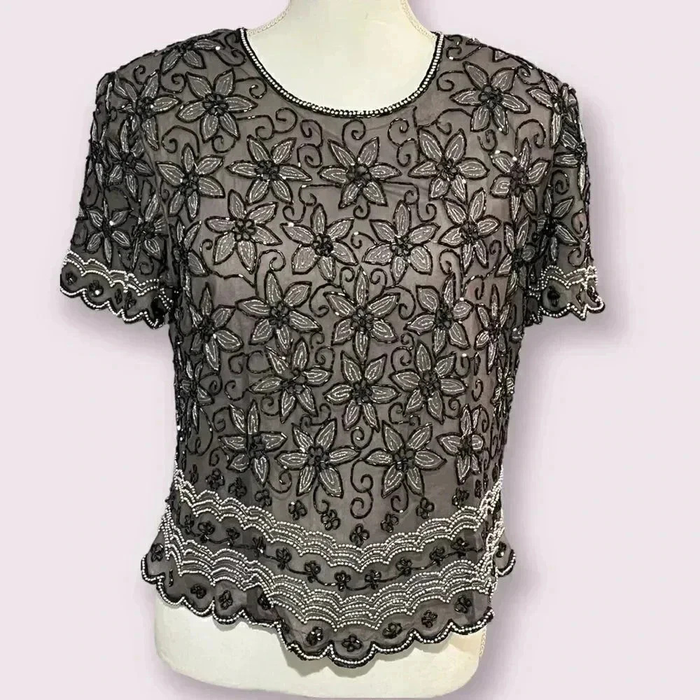 Papéll Boutique Evening stunning silk beaded top size L VGUC